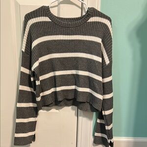 Pink Rose Gray and White Crew Neck Striped Sweater